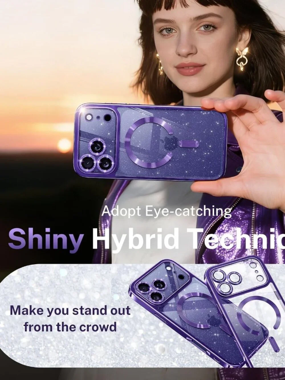 Glitter iPhone 17 Pro Case MagSafe Sparkly Bling Lens Protection Purple Cover